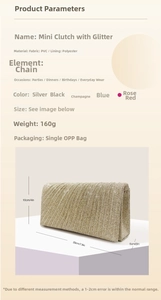 Detailed view of mini gold glitter clutch bag with elegant pleated PVC texture and chain