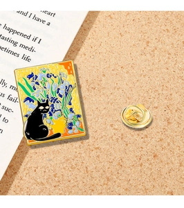 Artistic enamel pin featuring a black cat and flower design in Van Gogh oil painting style