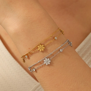 Daisy Flower Double Layer Bracelet Necklace Earrings Stainless Steel Zircon Inlaid Women Elegant Jewelry Charming