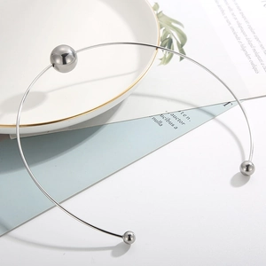 Polished silver stainless steel open choker necklace with three symmetrical metal beads