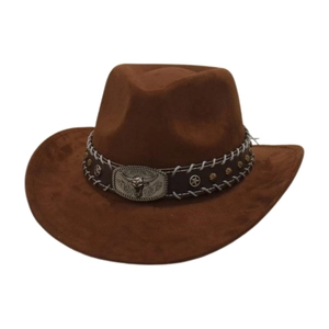 Western Cowboy Hat Faux Suede Wide Brim Retro Ethnic Style With Bull Head Buckle And Star Rivets For Men Women