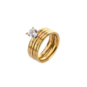 Three-piece gold plated stainless steel ring set with a single round zircon stone