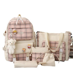 Pink plaid canvas school backpack set for girls with bear pendant and badges 6-piece set