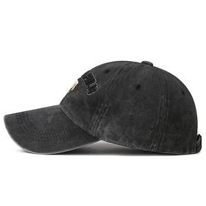 Vintage washed cotton baseball cap in charcoal grey with side letter embroidery detail