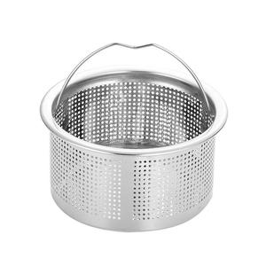 Close-up of stainless steel mesh strainer basket with handle for tea or coffee filtering