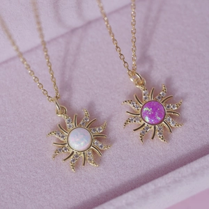 Retro gold sun pendant necklace featuring white and purple opal with micro-set zircons