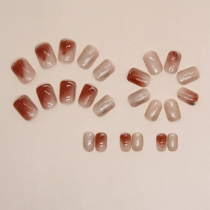 Brown marble smudge and gold glitter short square press-on nails set for women
