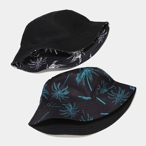 Cappelli alla pescatora unisex con stampa di palme e nero per spiaggia e protezione solare