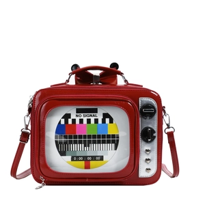 Vintage red television shaped crossbody bag with colorful no signal screen pattern