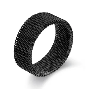8mm men's black stainless steel mesh ring with textured industrial woven design