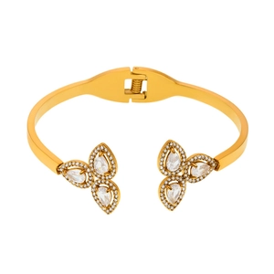 18k gold plated stainless steel clover bangle with 5A cubic zirconia stones
