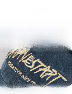 Macro detail of high-quality embroidery and corduroy texture on the vintage baseball cap