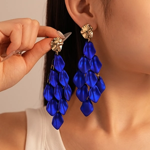 Deep blue acrylic petal tassel earrings with elegant gold irregular metal studs