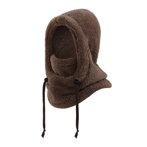 Detail of dark brown thermal fleece balaclava with adjustable drawstring and toggle