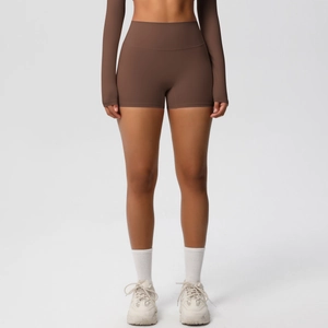 Women's high waisted dark brown yoga shorts with seamless fabric and push-up fit