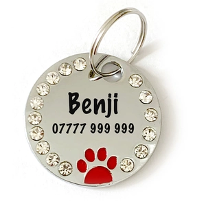 Macro shot of silver pet ID tag with sparkling rhinestones and red paw print detail