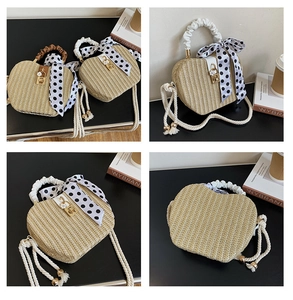 Collage of heart-shaped woven straw bag with silk ribbon detail and pearl gold clasp