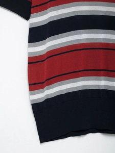 Detail of multi-colored striped knit top featuring precise stitching and ribbed elastic hem