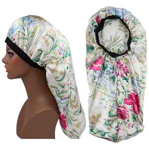 Damen Satin Lange Schlafmütze Blumenmuster Haarschutz Bonnet Nachtmütze Langschwanz Turban Hut Kopfbedeckung Zum Schlafen