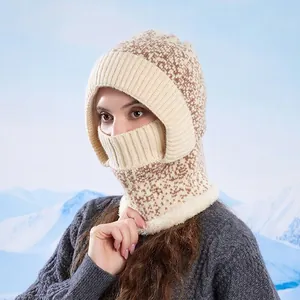 Balaclava Hat Women Acrylic Knitted With Plush Faux Fur Lining Windproof Thermal Integrated Face Mask Neck Warmer Winter