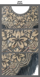 Gros plan de paillettes dorées et broderies avec franges sur un châle en maille noire