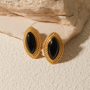 French vintage 18k gold plated stainless steel black onyx marquise earrings on stone