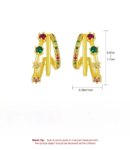 Detailed view of gold C-shaped multi-layered earrings with colorful cubic zirconia stones