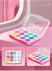 Detail of 12-color pretend eye shadow palette with pink casing for girls' role play