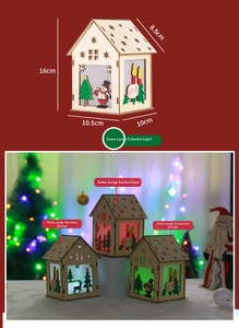 Detailed view of DIY LED wooden Christmas house showing size specs and colorful lighting