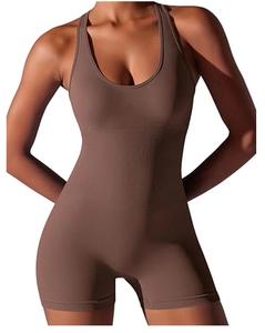 Detail of coffee brown seamless yoga jumpsuit featuring textured knit and open back design