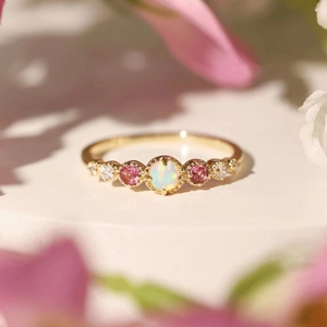 925 Sterling Silver Ring Gold Plated Round Opal Pink Tourmaline Zircon Romantic Minimalist Jewelry For Women