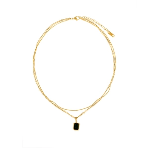 Collier double couche doré avec pendentif rectangulaire en zircon vert émeraude