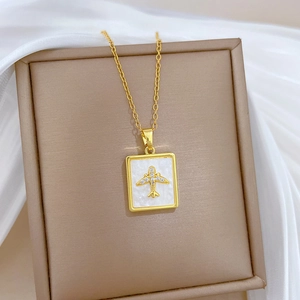 Titanium steel necklace with gold square shell pendant featuring a diamond airplane detail