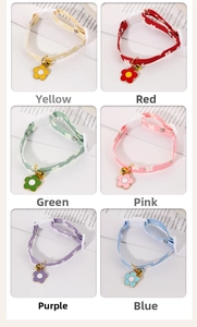Adjustable floral pet collars in six colors with daisy charms and golden bells