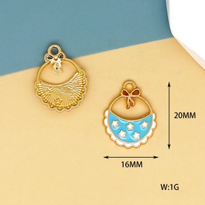 Detailed size view of blue enamel baby bib charm and gold hollow pendant with dimensions