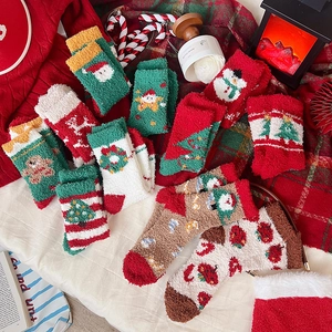 Thick Christmas coral fleece thermal socks in festive red, green and white colors