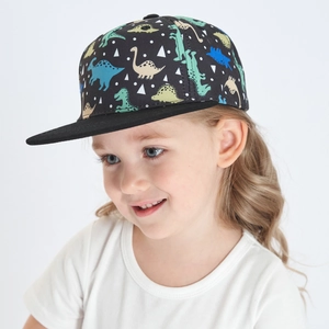 Close-up of kids hip hop baseball cap with colorful cartoon dinosaur patterns and flat brim