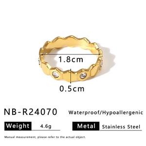 Detailed size specifications for gold wave stainless steel ring with white zircon stones
