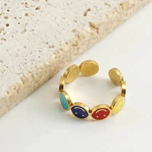 Golden stainless steel open ring with colorful enamel devil eye and smiley faces