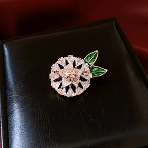 Flower Brooch 14K Gold Plated Copper With Zircon And Green Enamel Leaves Elegant Luxury Floral Jewelry For Women