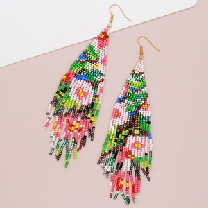 Bohemian colorful seed bead tassel earrings with ethnic handmade fringes and gold hooks