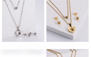 Parure bijoux en acier plaqué sous vide avec pendentif cœur patte et boucles