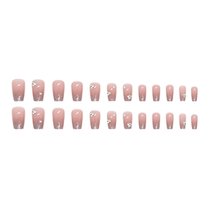 Short ballet press-on nails with pink gradient silver glitter and rhinestone accents