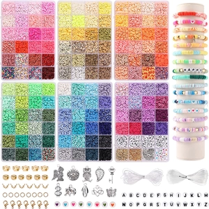 DIY jewelry making kit with colorful clay beads, charms, and tools for crafting bracelets