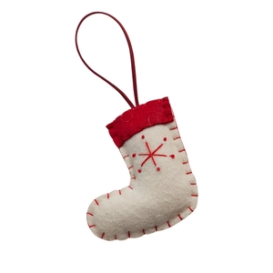 Handmade wool felt Christmas tree ornament with snowflake embroidery and red hanging loop