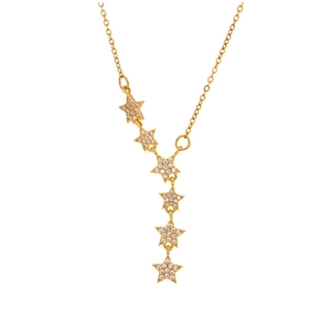 Detailed close-up of gold star fringe pendant necklace with sparkling zircon pavé