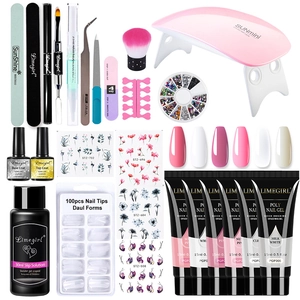 Complete poly nail gel kit with UV LED lamp, six colors, brush and professional manicure tools