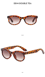 Front and side view of vintage oval leopard print sunglasses with gradient brown lenses
