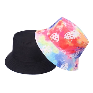 Women's cotton bucket hats set with classic black and colorful tie-dye mushroom patterns