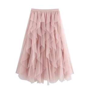 Pink tiered mesh A-line long skirt with layered tulle fabric for a vacation style look